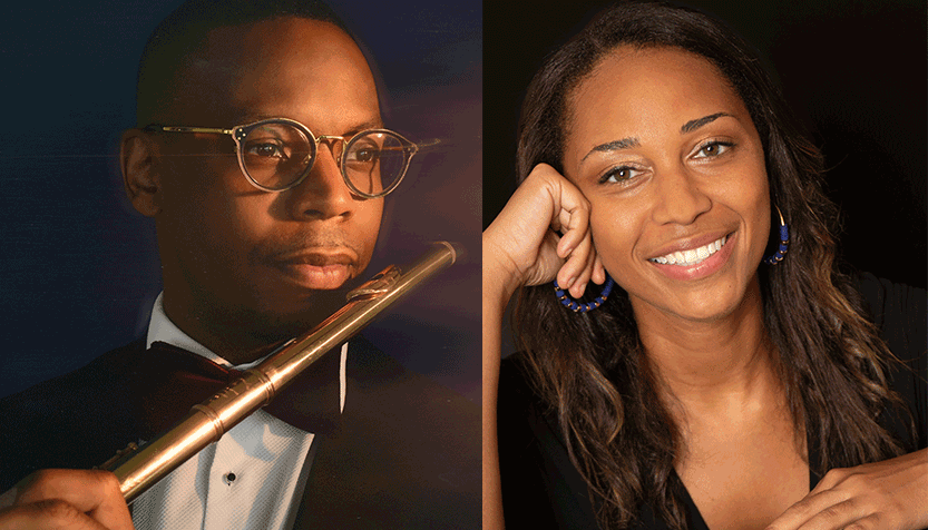 Brandon Patrick George And Leah Claiborne Headshots On Black Backgrounds