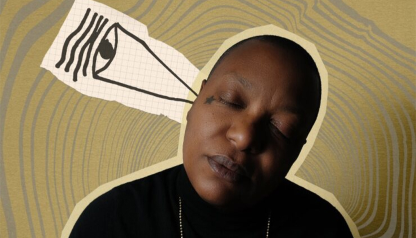 Meshell Ndegeocello With Eyes Closed Wearing A Black Turtleneck With An Eye Graphic