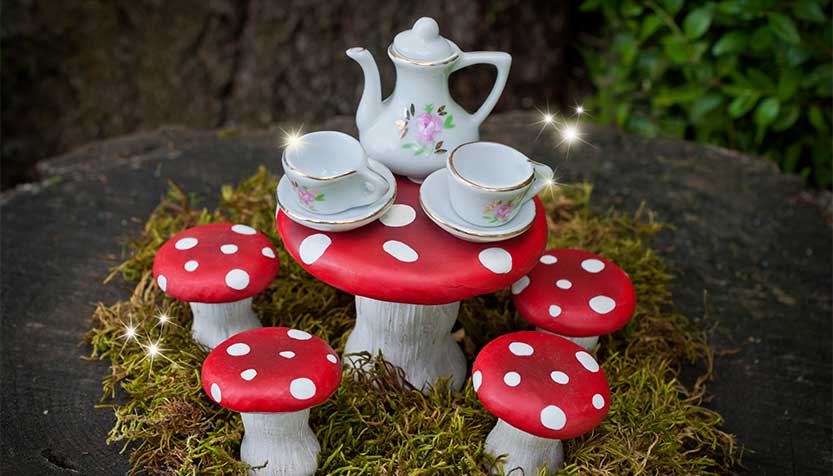 Tea Set And Mushrooms In Miniature